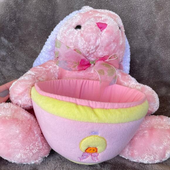 Bunny Rabbit Plush Basket Easter Candy Holder Pink Round Stuffed 10" Toy READ - Picture 10 of 11